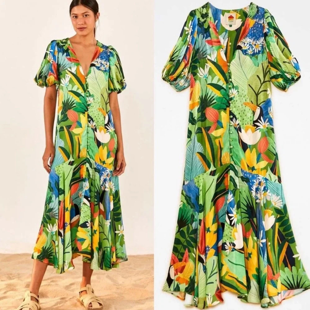 Farm Rio Green Tropical Print V-Neck Midi Dress